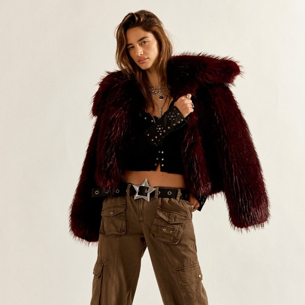 Free People Moonlight Glam Faux Fur Coat Burgundy NWT Medium